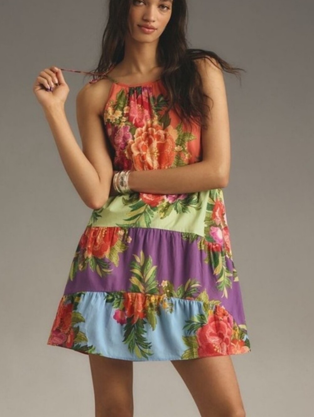 Farm Rio Floral Tiered Beaded Shoulder Tie Mini Dress - Stripes-Women's Medium